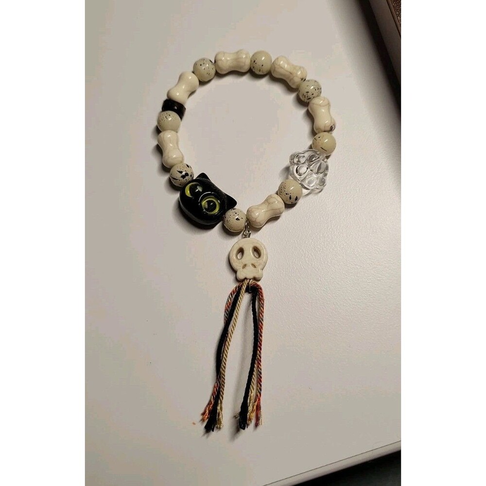 Stretch Beaded Bracelet Women's Stone Halloween Black Cat Bones Theme - Picture 2 of 2